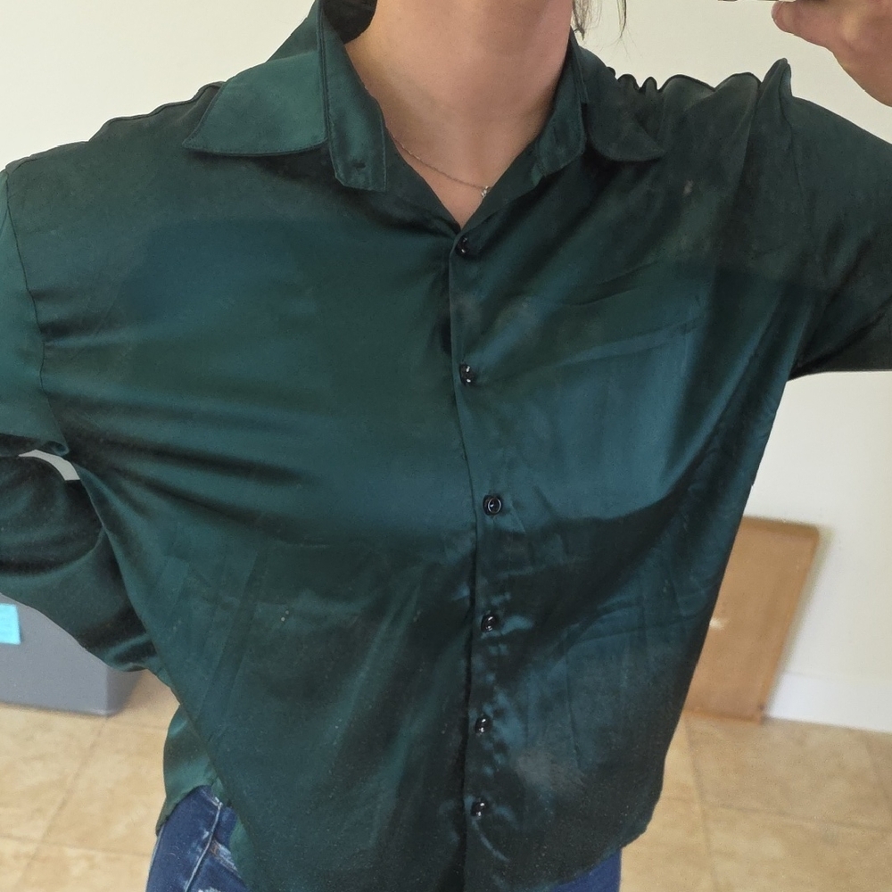 Women's Satin Green Casual Button Long Sleeve